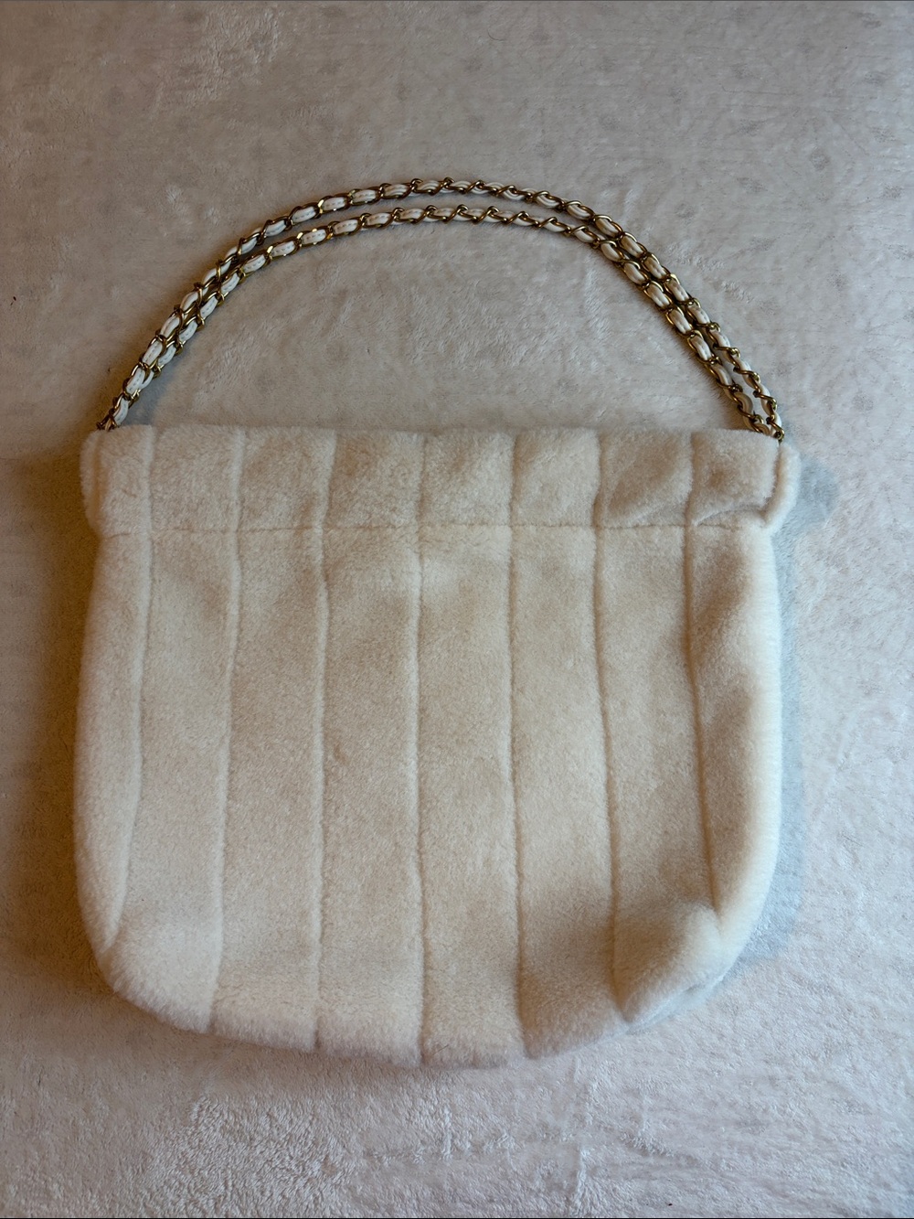 aerie Cream Quilted Faux-Fur Shoulder Bag with Gold Chain
